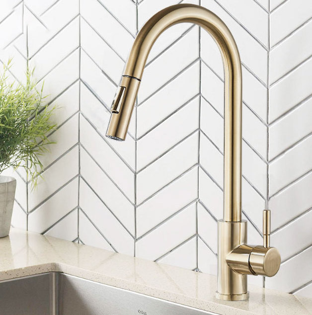 Holmine Brushed Gold Kitchen Faucet Pull Out Kitchen Sink Water Tap Single Handle Mixer Tap 360 Rotation Kitchen Shower Faucet