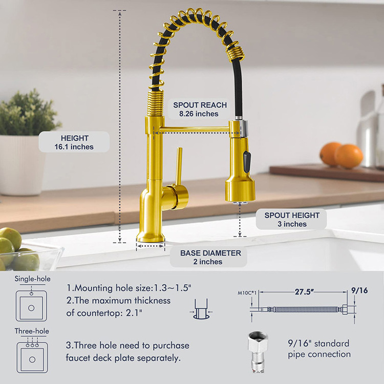 Brushed Gold Kitchen Faucet with Pull Down Sprayer Single Handle LED Kitchen Sink Faucet