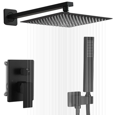 Shower System 12 Inch Shower Faucet Set Rain Handheld Shower Valve and Trim Kit Matte Black Show Head Set