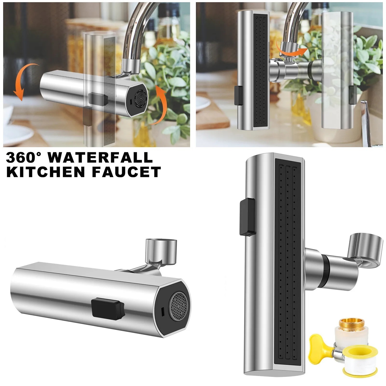 Holmine Waterfall Kitchen Faucet 4 in 1 360 degree Swivel Universal Sink Spout Water Tap extender with 4 functions