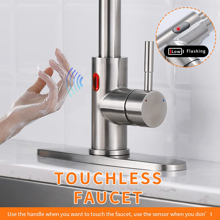 Touchless LED Kitchen Sink Faucet Pull Down Sprayer Smart Motion Sensor Activated Hands Free Single Handle Brushed Nickel