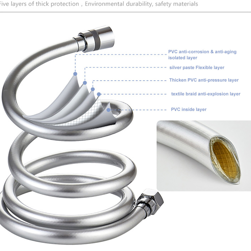 Holmine High Pressure Thicken Anti-winding Smooth Silvery PVC Flexible Brass Connections shower hose, Silver, 59 Inch