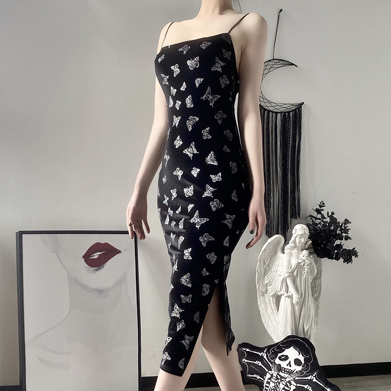 Fashion Dark Sexy Butterfly Print Fork Cheongsam Bodycon Girls Women Night Club Sling Dress Qipao Dresses