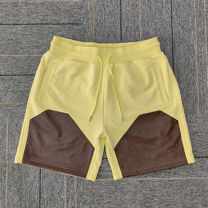 huili oem shorts manufacturer custom drawstring waist french terry shorts men pu leather patched men cotton sweat shorts