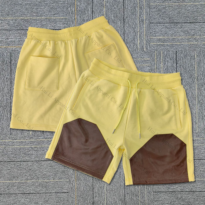 huili oem shorts manufacturer custom drawstring waist french terry shorts men pu leather patched men cotton sweat shorts