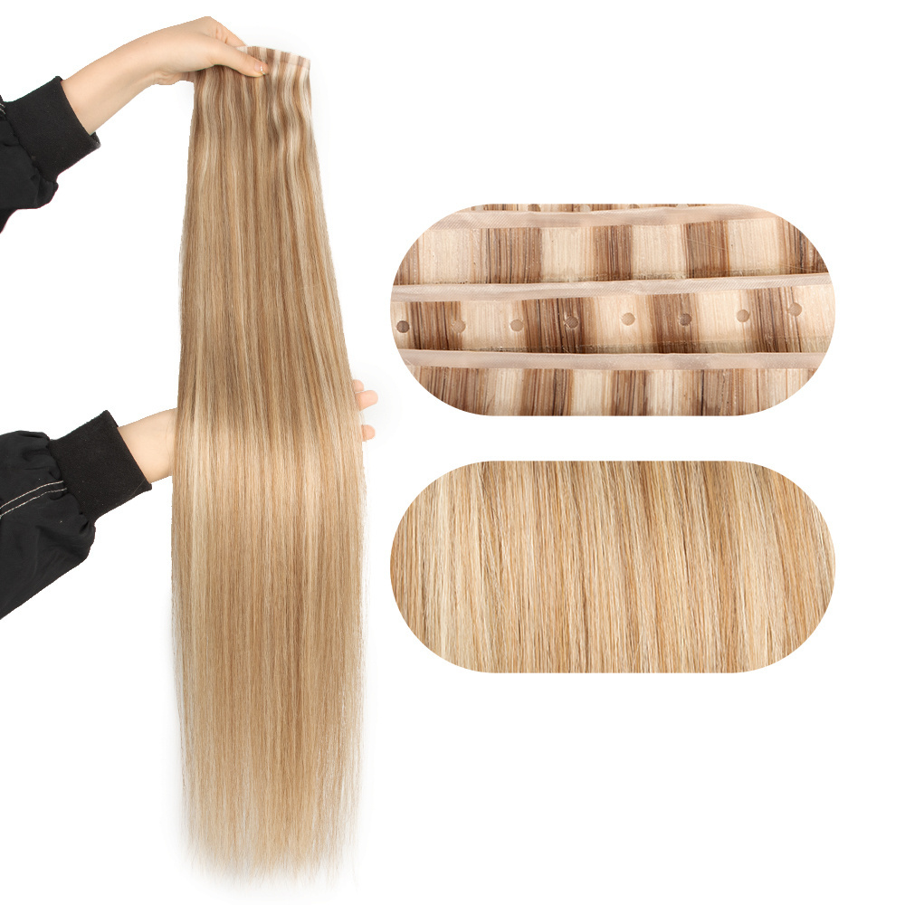 Invisible hole weft hair extensions raw cuticle aligned double drawn skin human hair pu weft with hole