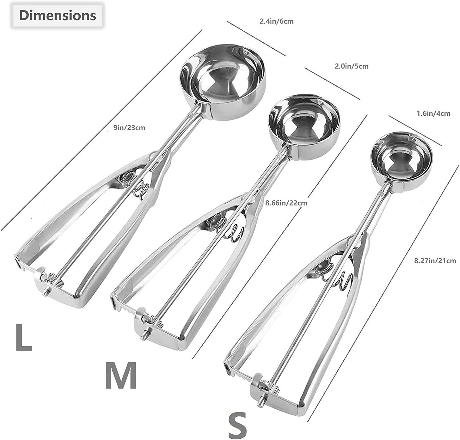 3pcs Ice Cream Scoop Sets 18/8 Stainless Steel With Trigger Release