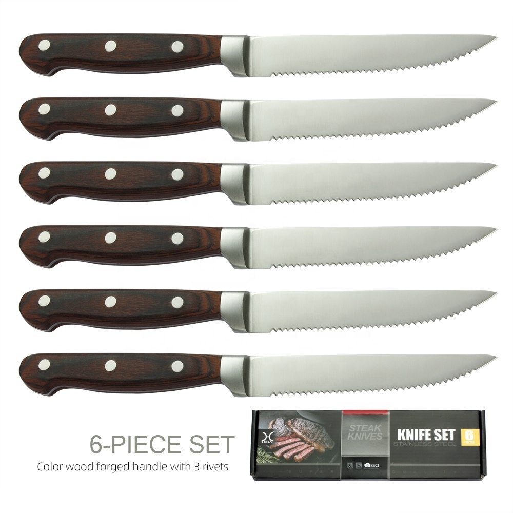 High quality forged handle stainless steel kitchen steak knife set serrated 6 pcs steak knives