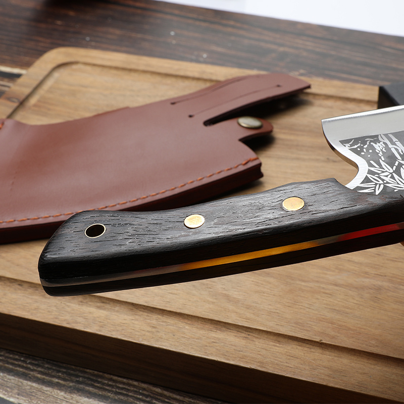 8 Inch Tiger Pattern Butcher Knife Cleaver Kitchen Knife Serbian Knife with Wenge Wood Handle and Leather Sheath