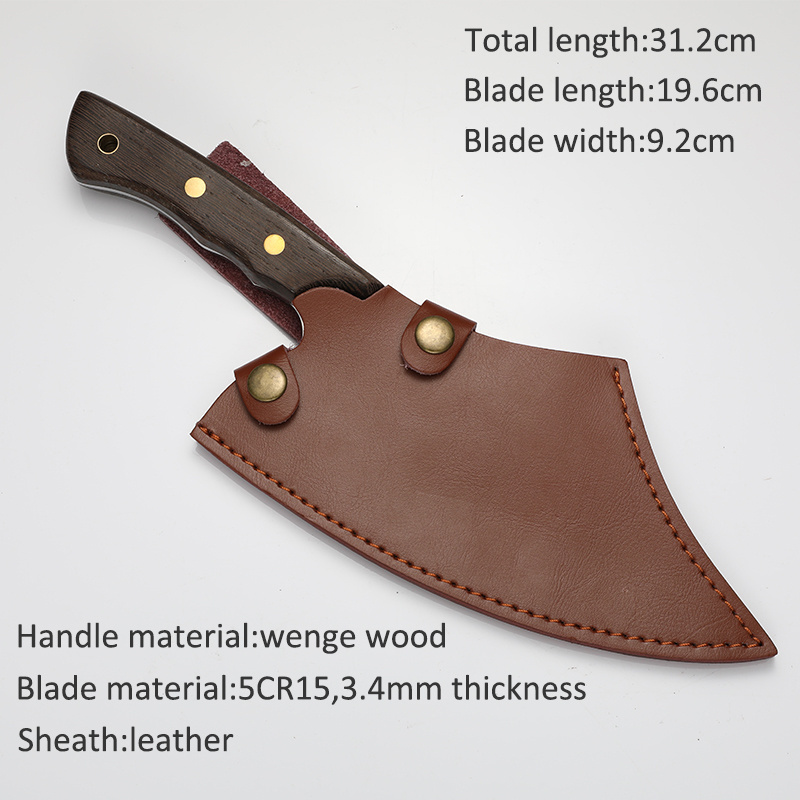 8 Inch Tiger Pattern Butcher Knife Cleaver Kitchen Knife Serbian Knife with Wenge Wood Handle and Leather Sheath