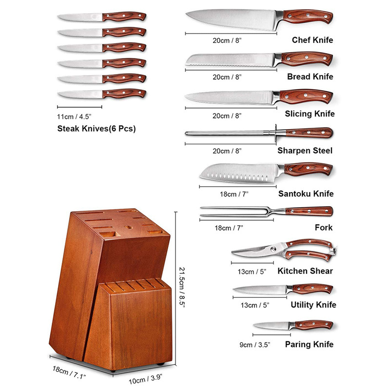 16 Pcs German Stainless Steel Kitchen Knife Set With Wooden Block and Sharpener