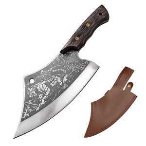 8 Inch Tiger Pattern Butcher Knife Cleaver Kitchen Knife Serbian Knife with Wenge Wood Handle and Leather Sheath