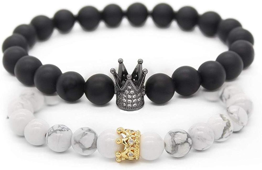 2019 Hot Seller Wholesale Women Jewelry Couple Black Matte Agate White Howlite CZ Crystal Crown Queen 8mm Beads Elastic Bracelet