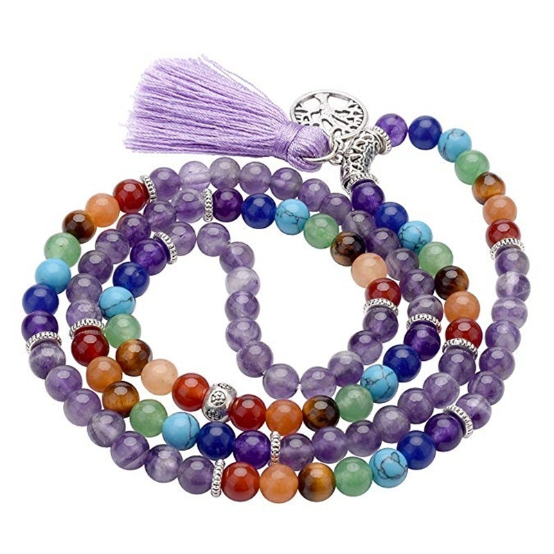 7 Chakra Jewelry Mala Prayer Beads 108 Meditation Healing Multilayer Tree of Life Tassel Charm Rose Quartz Bracelet Necklace