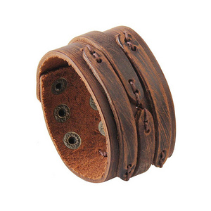 Adjustable size 3 row press button clasp vintage wholesaler custom Handmade Brown Wide Genuine Mens Leather Bracelet Bangle Cuff