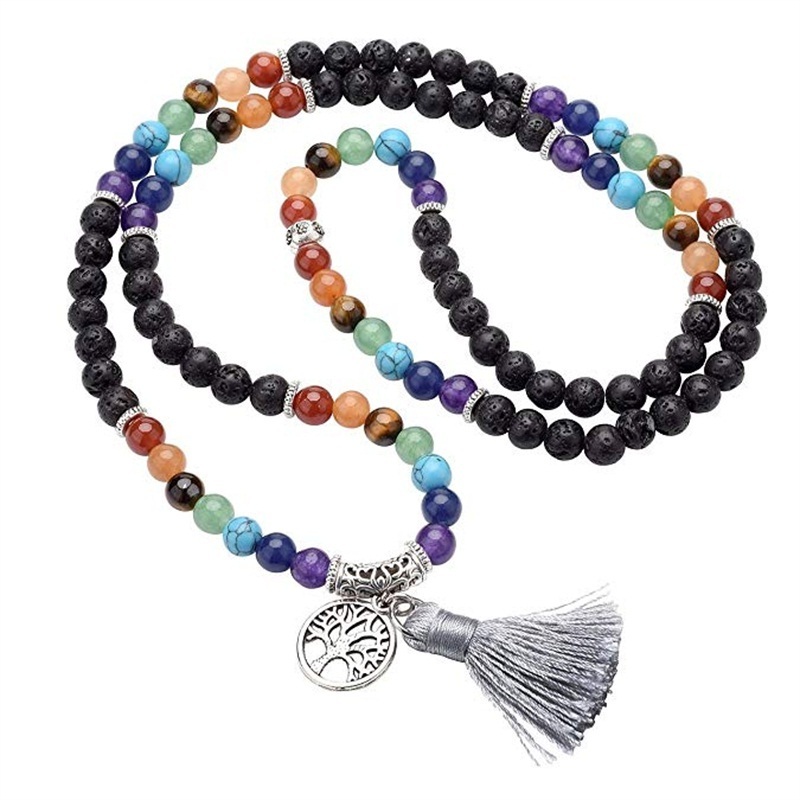 7 Chakra Jewelry Mala Prayer Beads 108 Meditation Healing Multilayer Tree of Life Tassel Charm Rose Quartz Bracelet Necklace