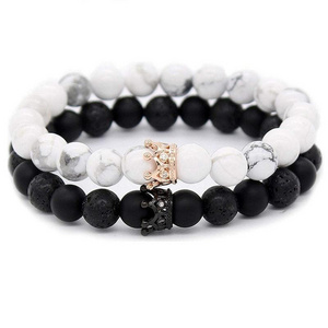 2019 Hot Seller Wholesale Women Jewelry Couple Black Matte Agate White Howlite CZ Crystal Crown Queen 8mm Beads Elastic Bracelet