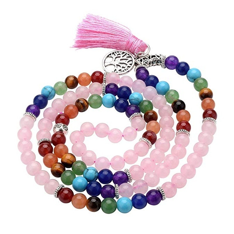 7 Chakra Jewelry Mala Prayer Beads 108 Meditation Healing Multilayer Tree of Life Tassel Charm Rose Quartz Bracelet Necklace