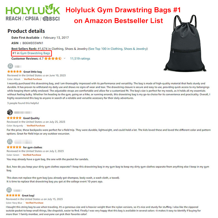 Holyluck High Quality Waterproof Drawstring Backpack Sport Gym Sack Pack Bag 300D Polyester Draw String Drawstring Sports Bags