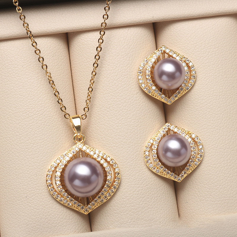 Newest style classic zirconia jewelry 18k gold plated bridal shell pearl jewelry sets for wedding