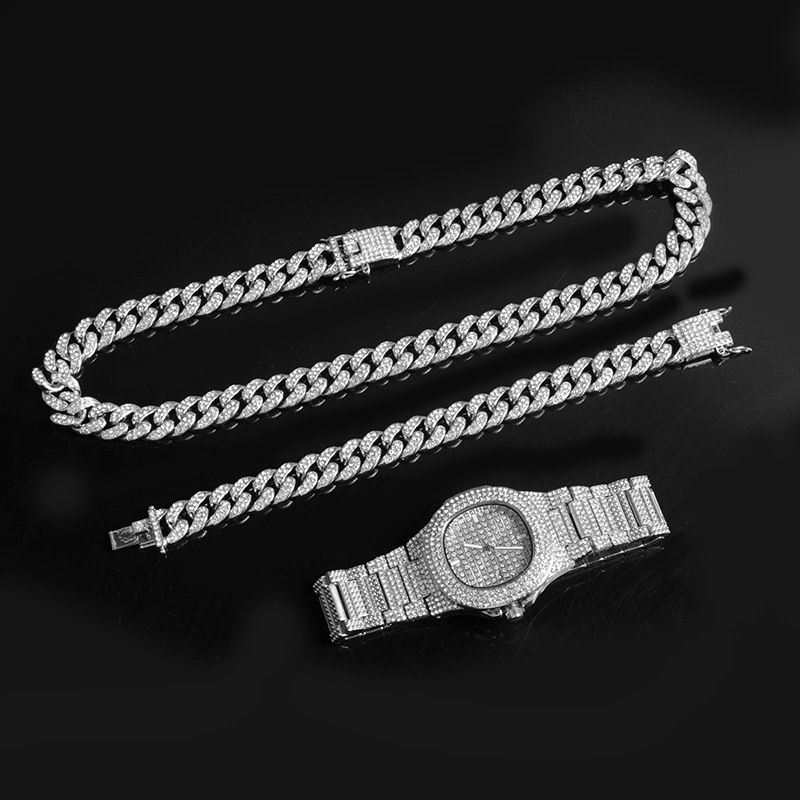 Wholesale prices men's miami cuban watches necklace/bracelet sets stainless steel cuban link chain