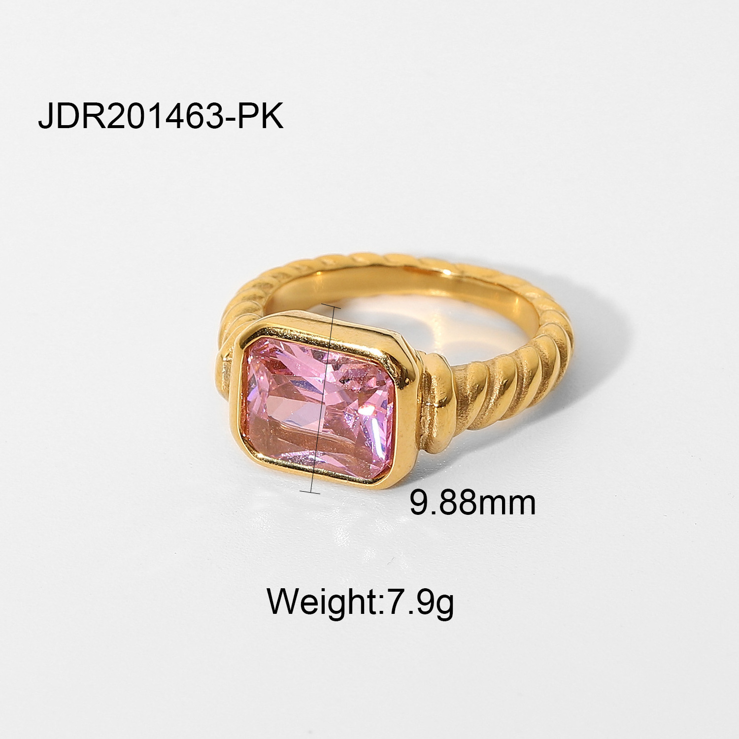 Girls vintage elegant adjustable 18k gold plated waterproof stainless steel pink zircon ring for women