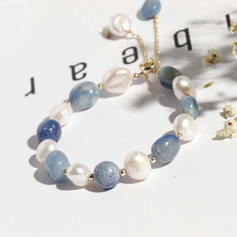 Adjustable blue aventurine jade freshwater pearl natural stone bead bracelet for women