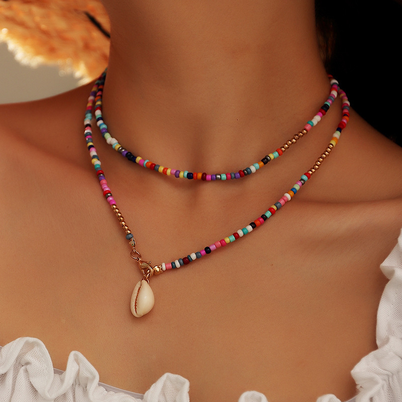 Summer Beach Bohemian Seed Bead Necklace Handmade Simple Shell Pendant Colorful Necklace For Women