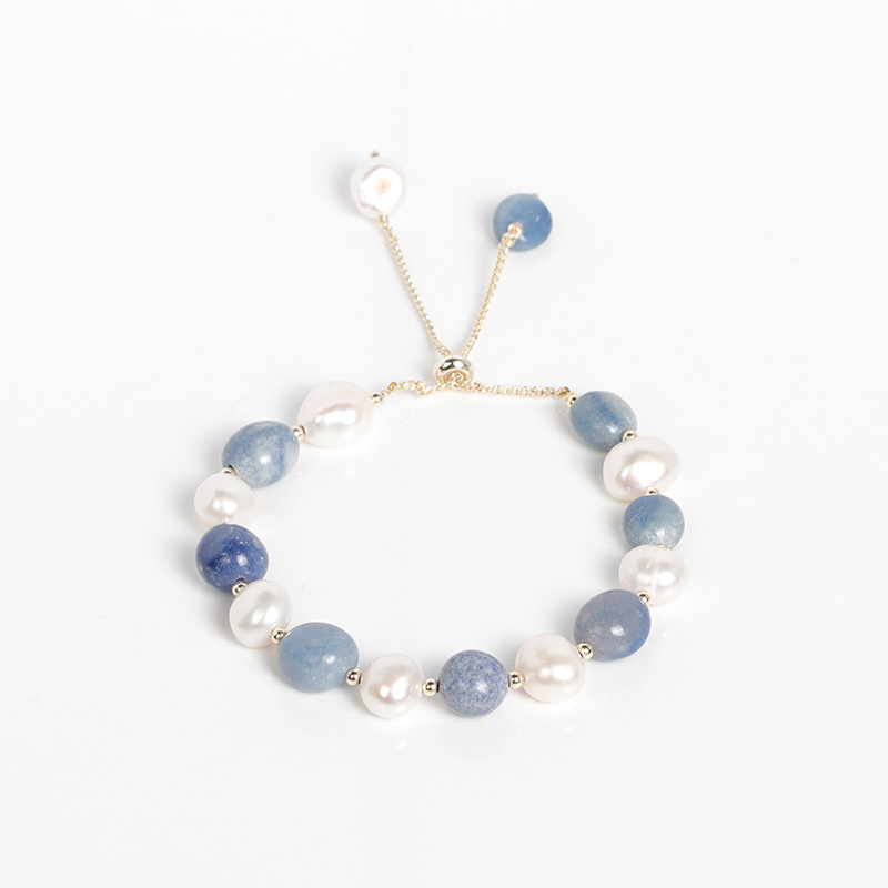 Adjustable blue aventurine jade freshwater pearl natural stone bead bracelet for women