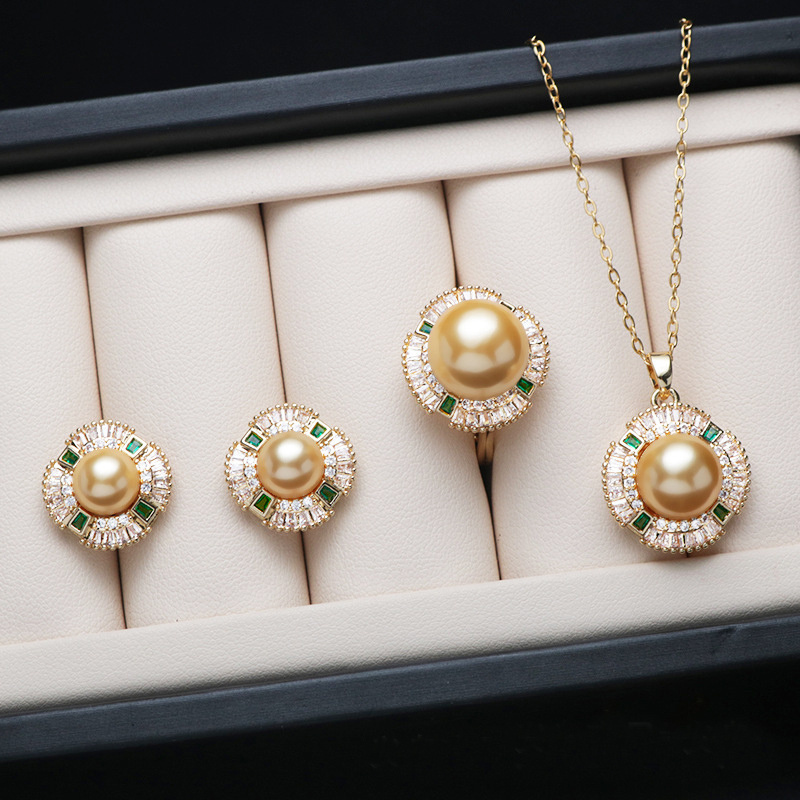 Newest style classic zirconia jewelry 18k gold plated bridal shell pearl jewelry sets for wedding