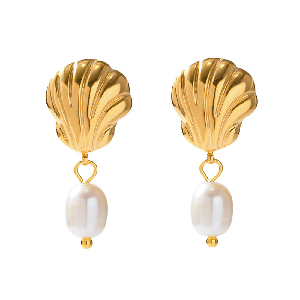 Fine Jewellery 18K Gold Plated Scallop Shell Earrings Geometric Natural Freshwater Pearl Earrings Stainless Steel