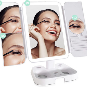 Trifold Led Lighted Makeup Mirror with 2X/3X/10X Magnification Vanity Mirror with 68 LED Lights