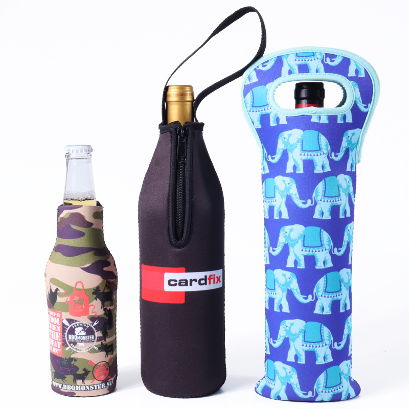 Custom Neoprene Blue Elephant Logo Single Wine Bottle Cooler Tote Insulator Bag