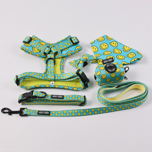 custom logo neoprene luxury designers green smile dog collar harness and leash set for small medium breed