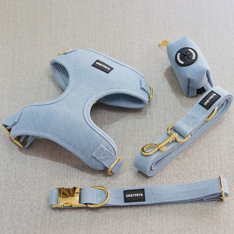 Fashion Custom Color Blue Cute XXS Pet Vest Denim Dog Harness Collar Leash Poop Bag Holder With Backpack