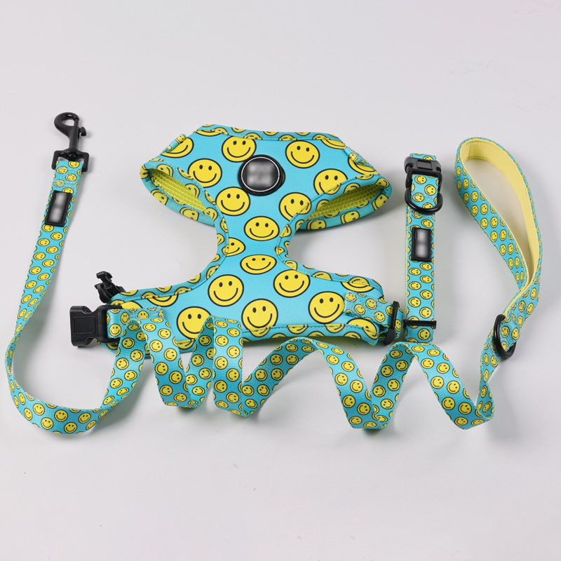 custom logo neoprene luxury designers green smile dog collar harness and leash set for small medium breed