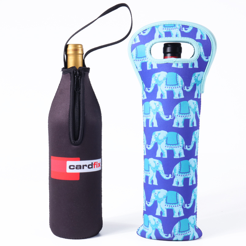 Custom Neoprene Blue Elephant Logo Single Wine Bottle Cooler Tote Insulator Bag