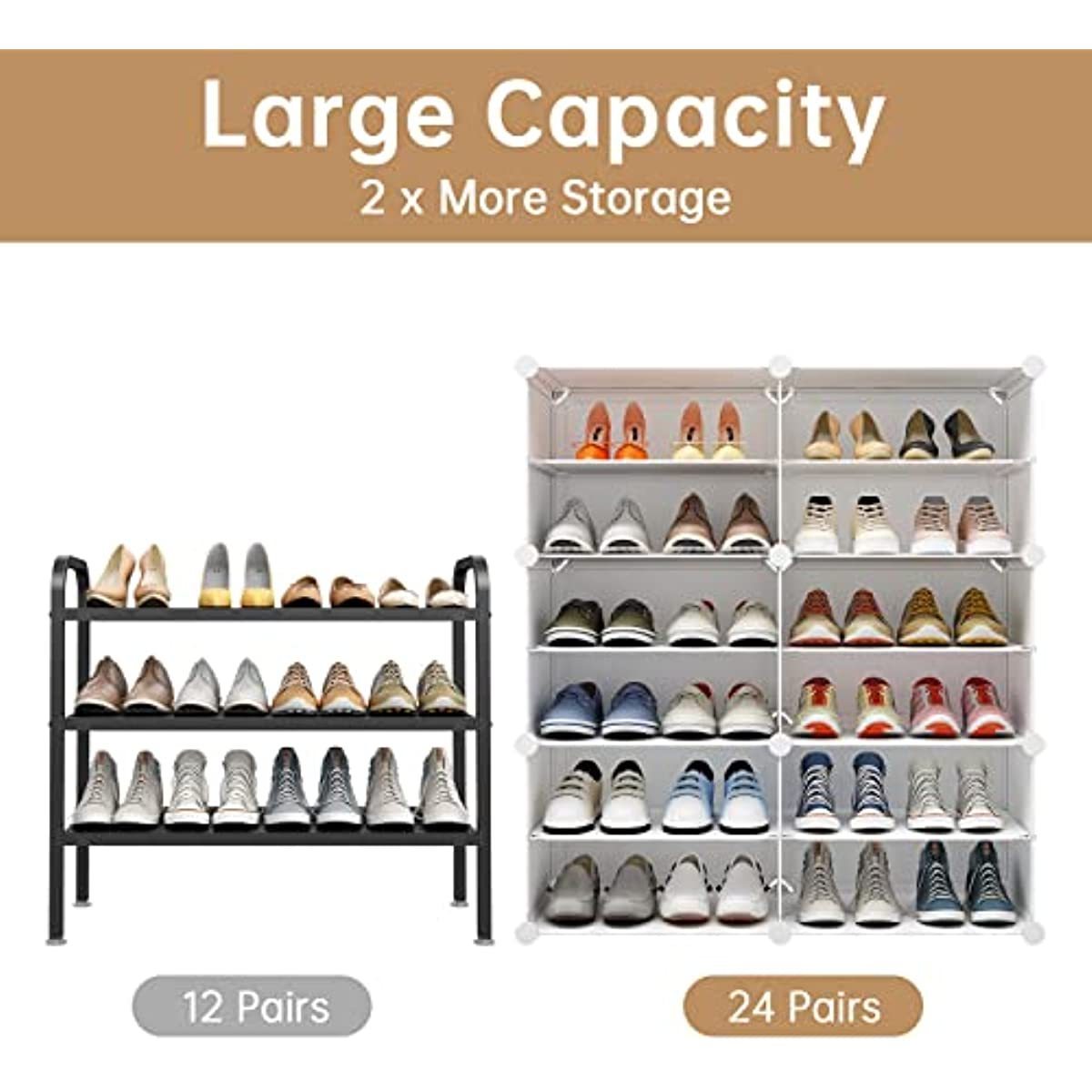 Portable Shoe Rack Organizer 24 Pairs Tower Shelf Storage Cabinet Stand Expandable for Heels  Boots Slippers  6 Tier White