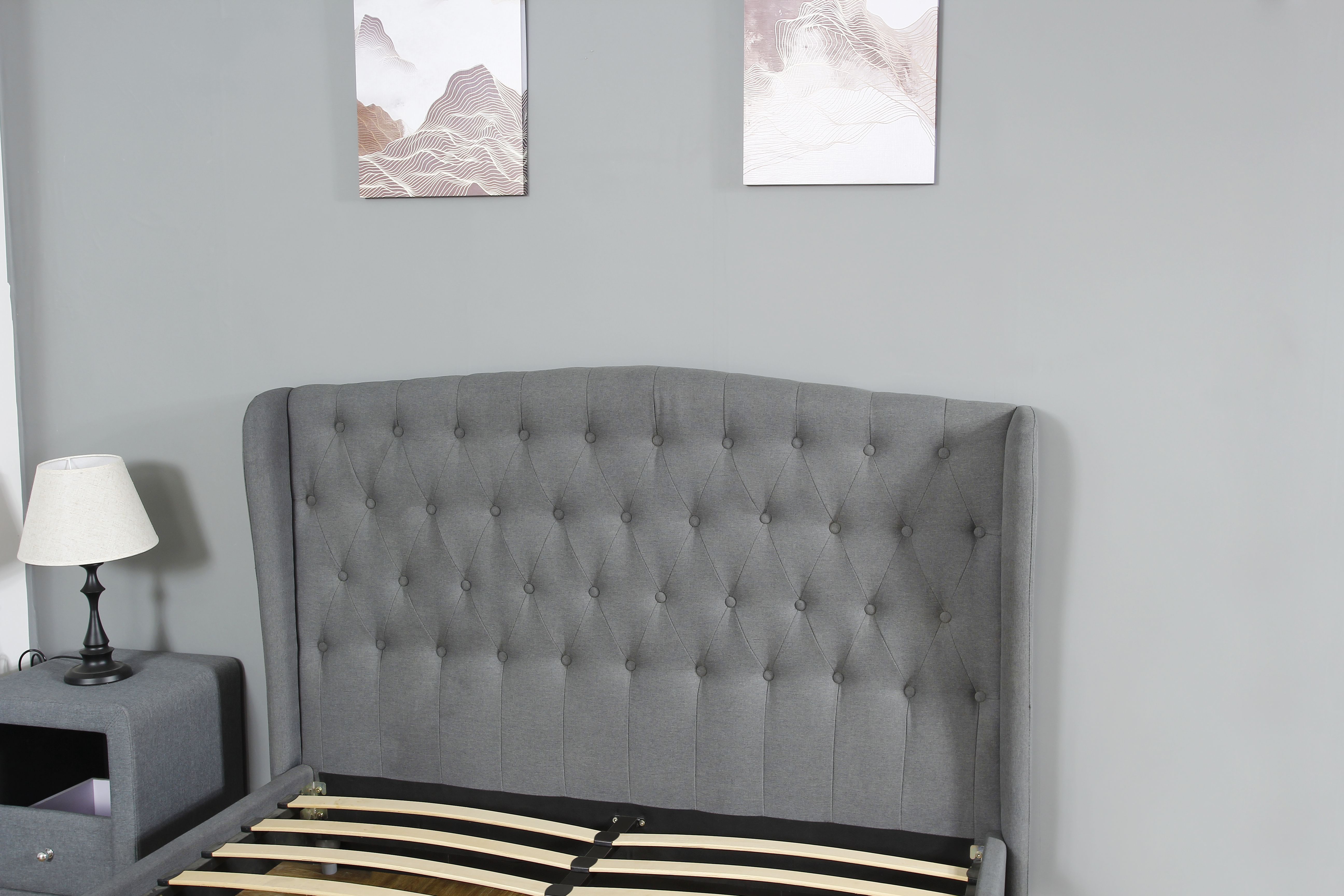 Dark Gray Upholstered Bed Frame Simple Design With High Headboard Double Large Platform Bed Frame