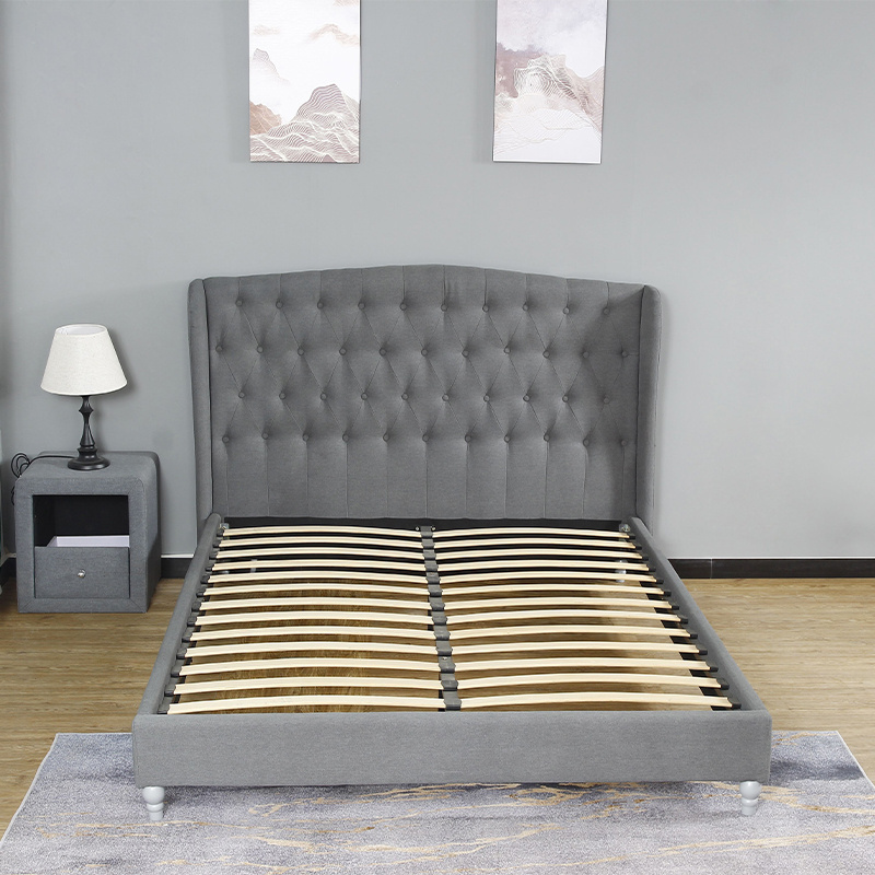 Dark Gray Upholstered Bed Frame Simple Design With High Headboard Double Large Platform Bed Frame