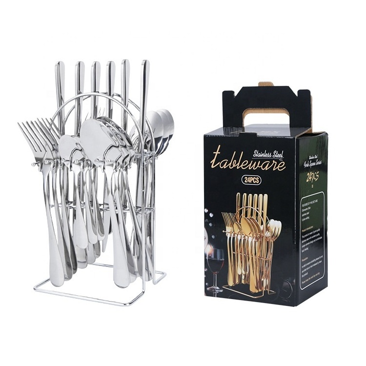 24pcs gold flatware luxury cutlery set with stand cutlery set stainless steel stand spoon set 24 pc stainless home steel cutlery