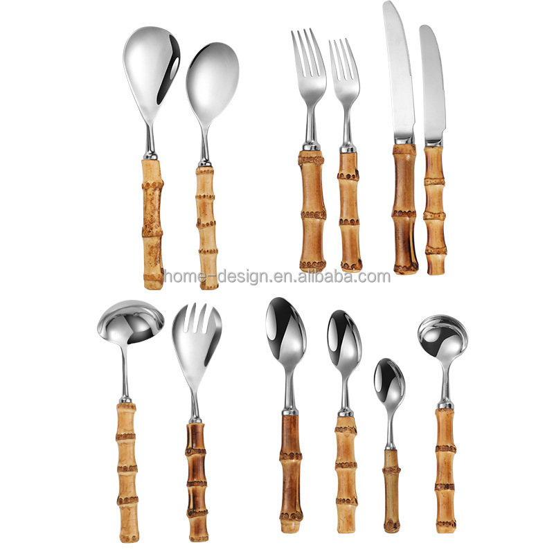 New design high quality knife spoon fork for hotel family stainless steel with bamboo raw materials flatware set