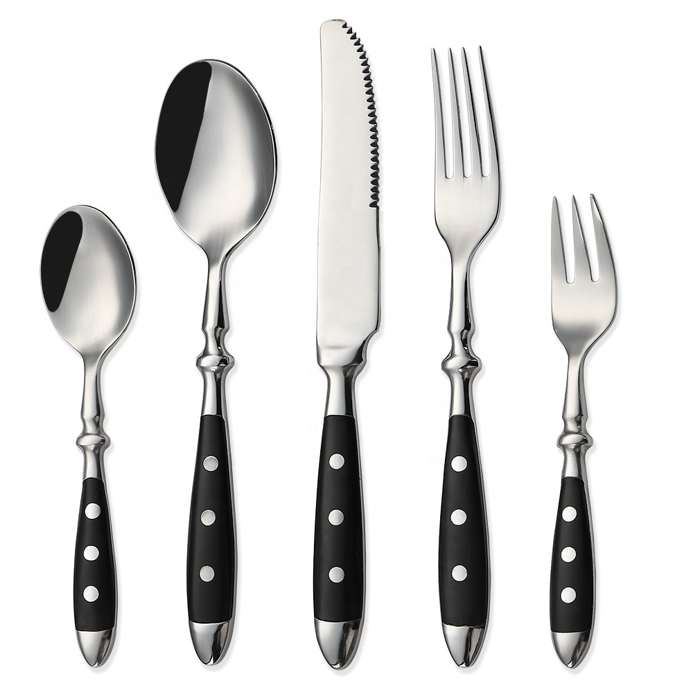 Hot Selling high quality rivets black forged handle  gold cutlery set twist spiral handmade forged cutlery flatware set