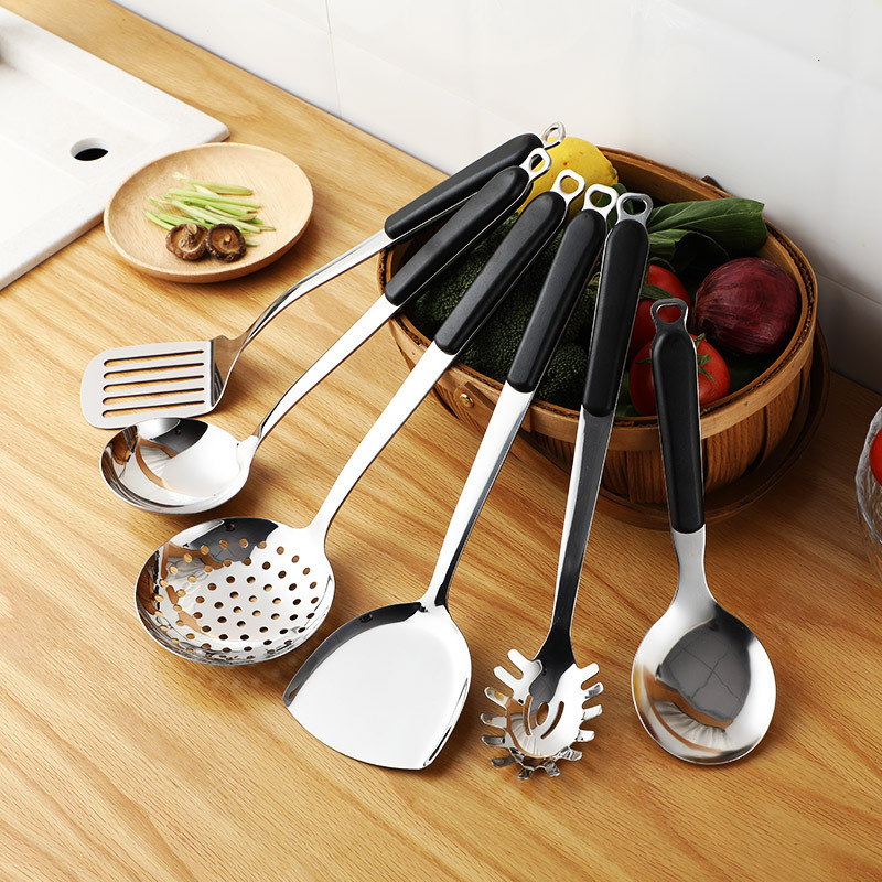 Hot Selling Six Set Kitchen Tools Spatula Spoon Kitchenware Handle Spatula Spoon Household Electric Wood Stainless Steel Black