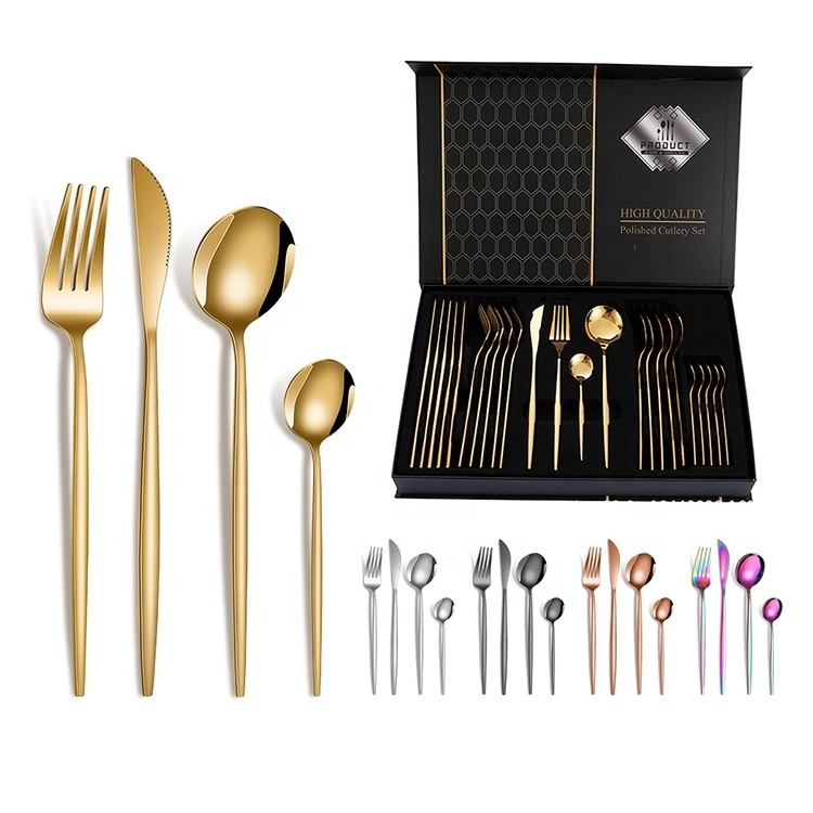 Hot selling Portugal Style Stainless Steel Flatware Set Mirror Polish Silverware Spoon Fork Knife 24 Pieces Gold Cutlery Set