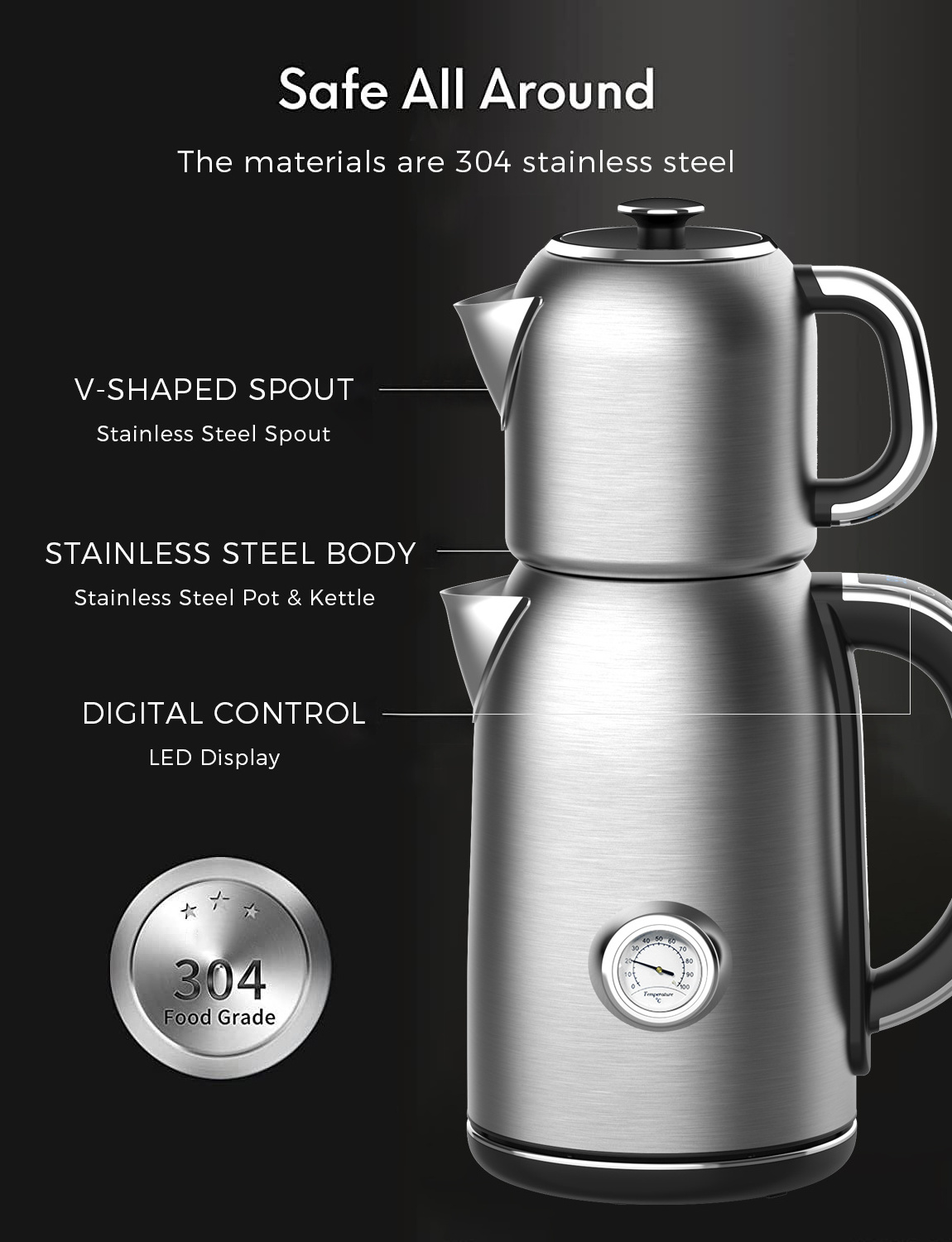 High Quality Stainless Steel Tea Maker Automatic switch off Samovar Electric Kettle Portable Turkish Coffee Maker