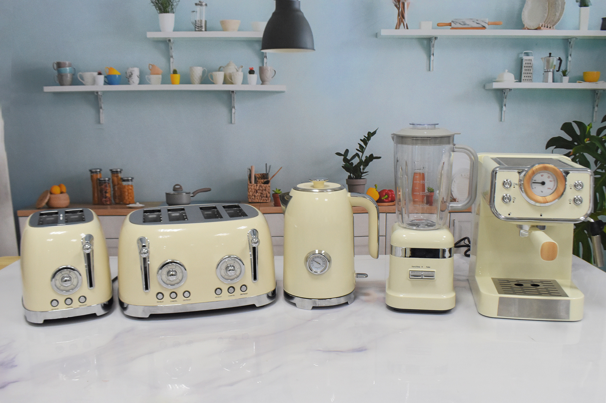 Hot Selling Retro Toaster and Water Kettle Coffee Maker Kitchen Appliance Sets Stainless Steel Electric Kettle and Toaster Set