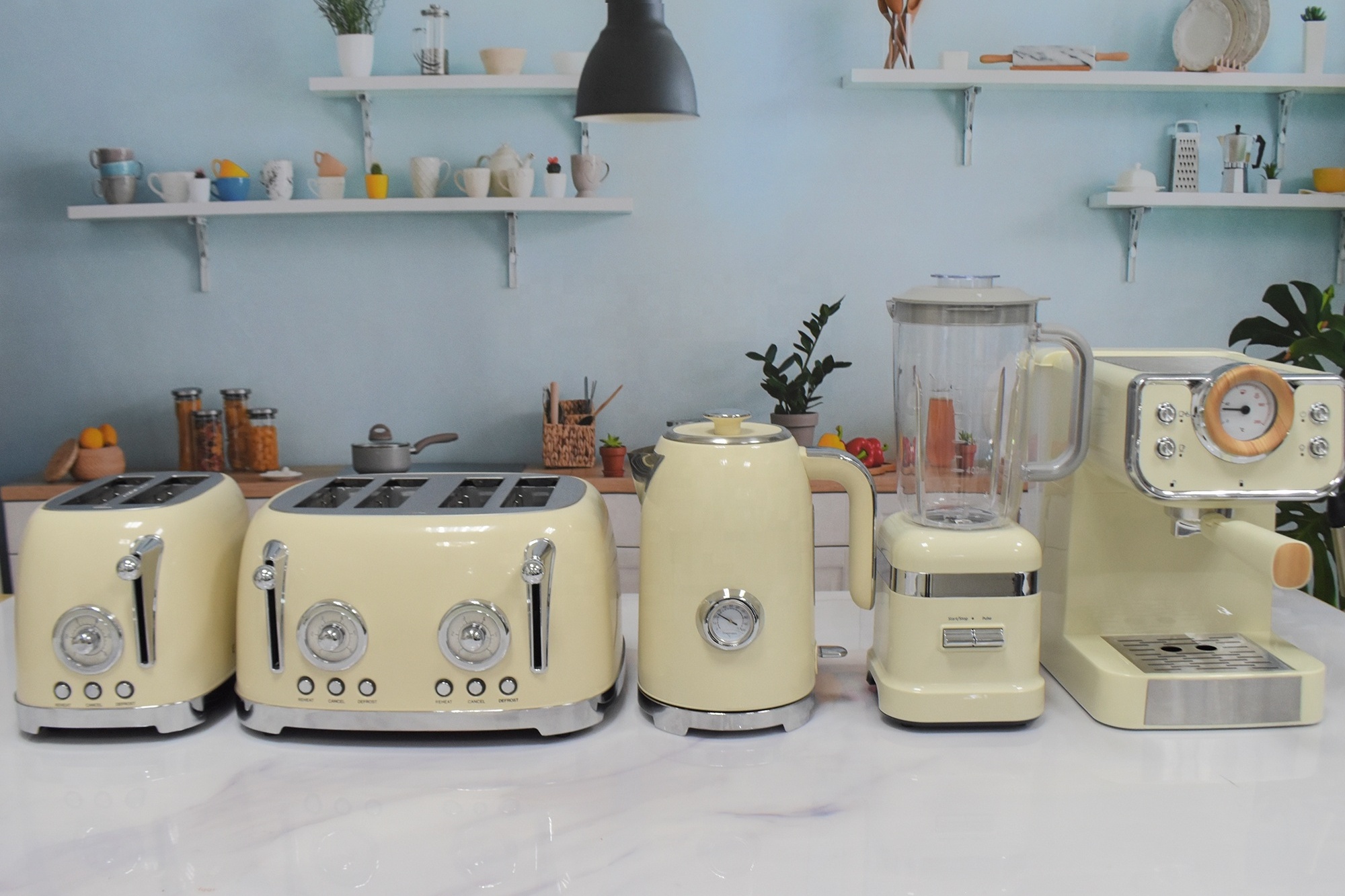 Hot Selling Retro Toaster and Water Kettle Coffee Maker Kitchen Appliance Sets Stainless Steel Electric Kettle and Toaster Set