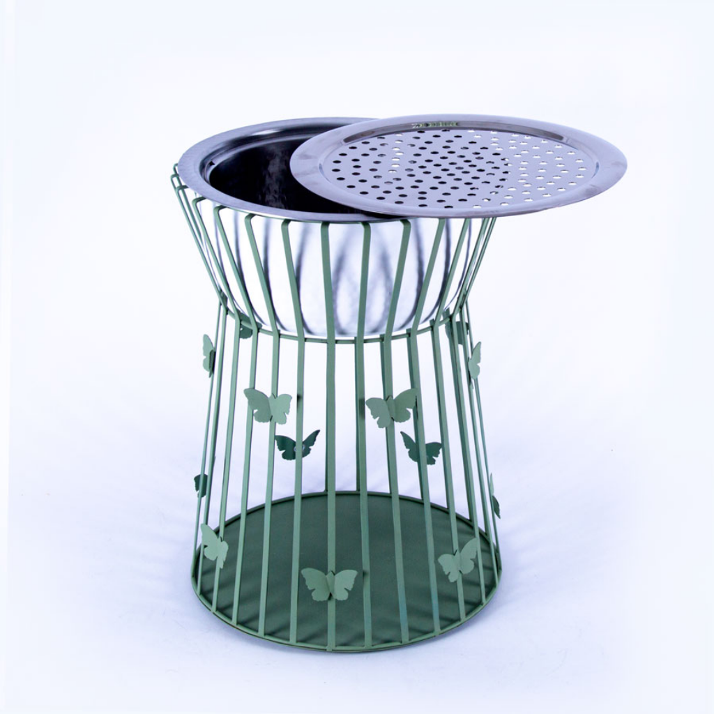 Fire Pit And Tool Wrought Iron Green Color Stand With Butterfly Design Steel Pot And Steel Lid Fire Pit Set