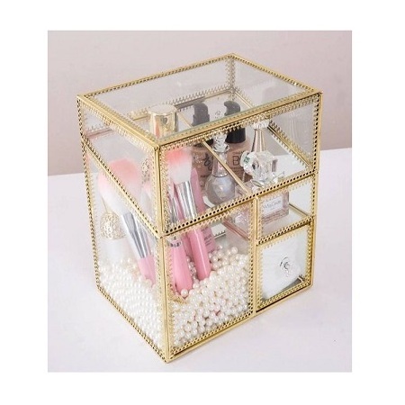 Metal Gold Color Glass Jewelry Box Marvelous Design Cylinder Shape Jewelry Box For Home Wedding Gift Usage